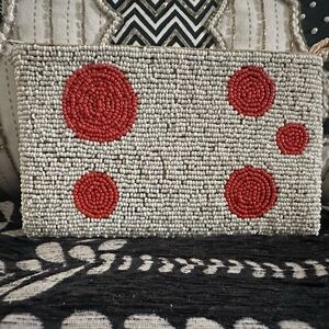 Glass Beaded White Orange Polkadot Seed Bead  Wallet Wristlet Vintage